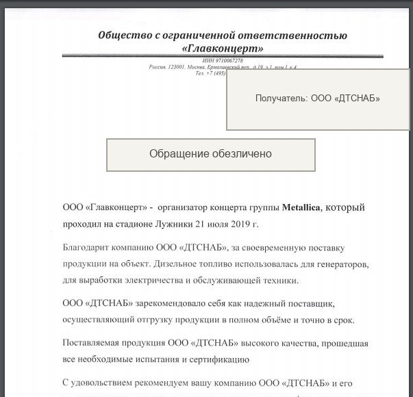 Обезличенный фрагмент благодарственного письма ООО «Главконцерт»
